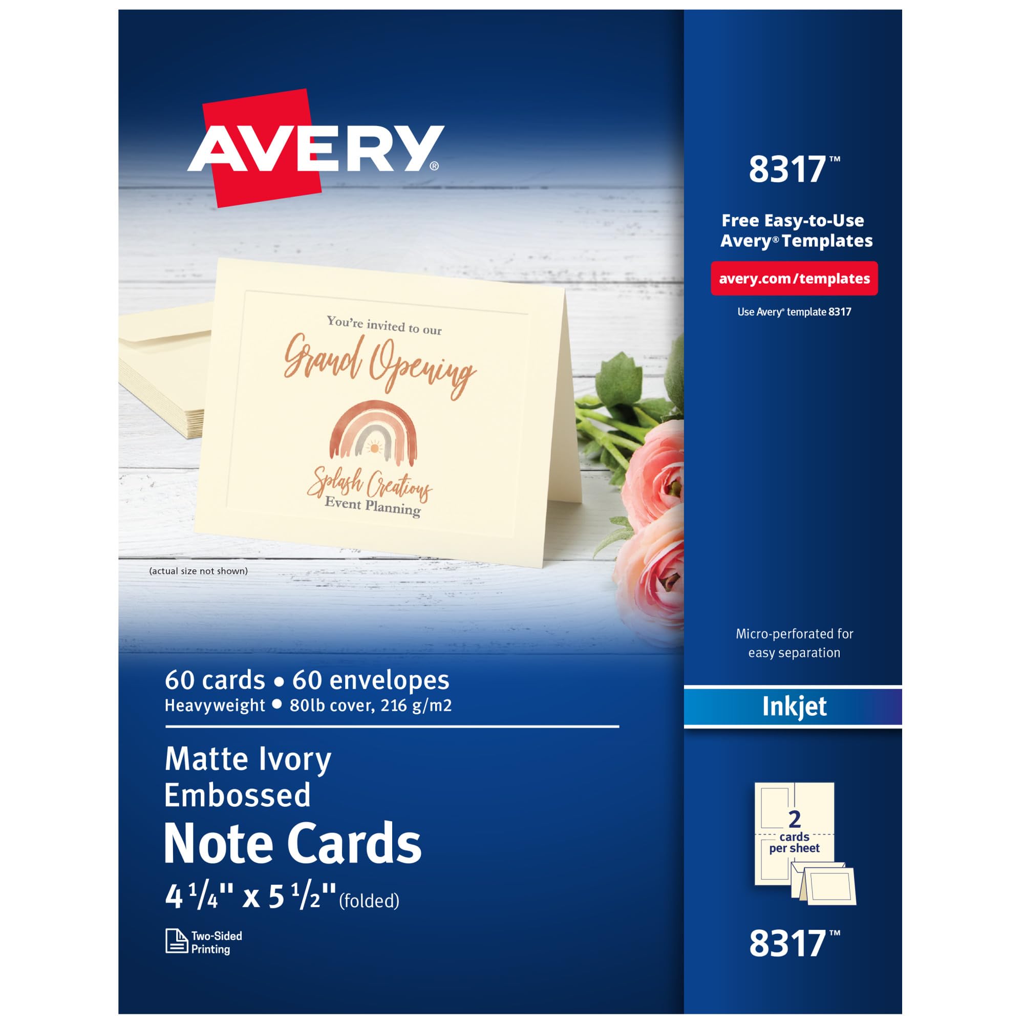 Avery Printable Note Cards with Envelopes, 4.25" x 5.5", Ivory with Embossed Border, 60 Blank Note Cards for Inkjet Printers (08317)