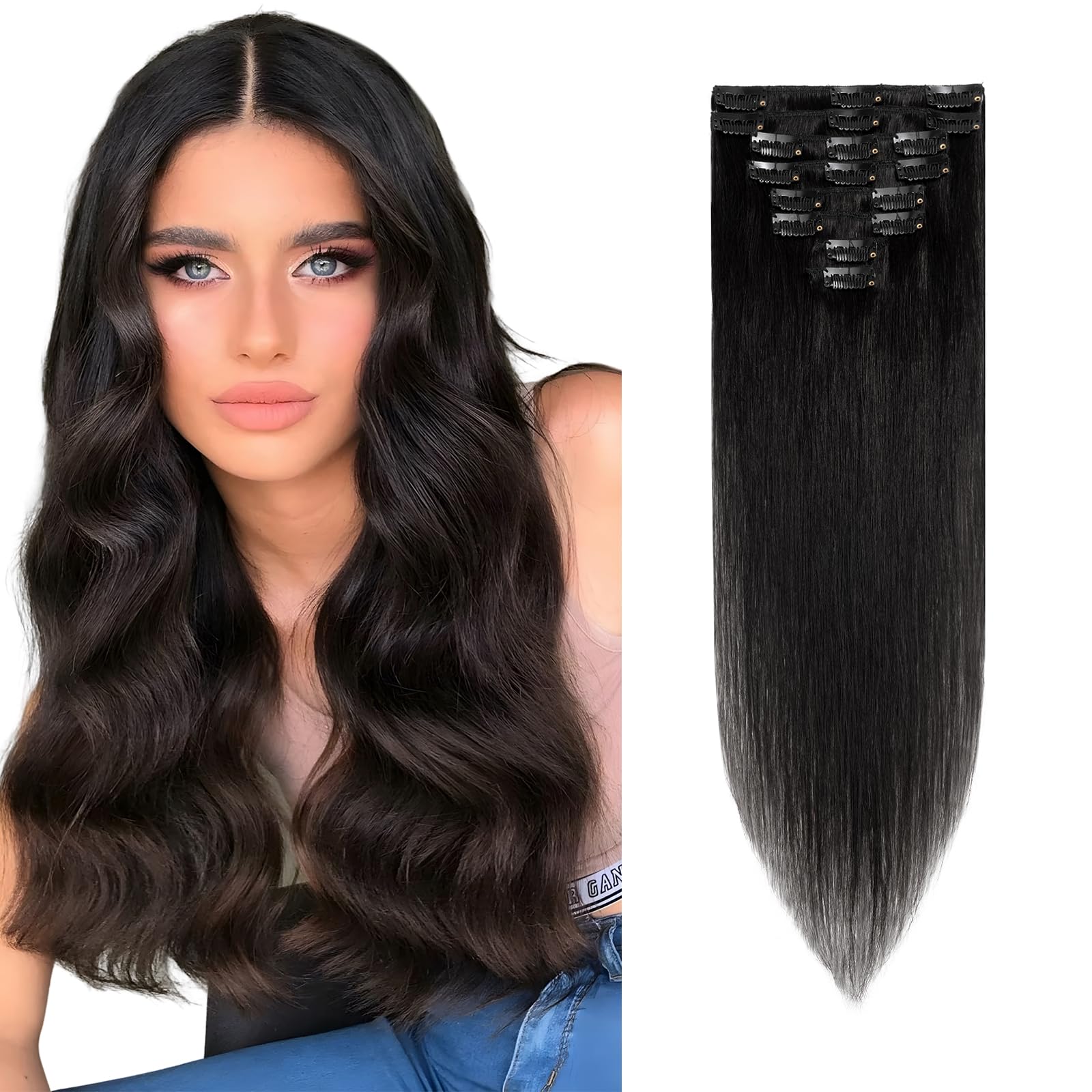 Clip in Hair Extensions Real Human Hair 12 Inch Black Hair Extensions Clip in Straight Remy Hair Seamless Natural Thin Weft, 55g #1 Jet Black — image 1
