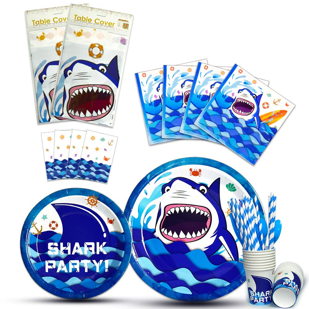 WERNNSAI Shark Party Tableware Set - Serves 16 Guests Blue Ocean Pool Party Supplies for Boys Kids Birthday Baby Shower Includes Cutlery Bag Table Cover Plates Cups Napkins Straws Utensils 146 PCS