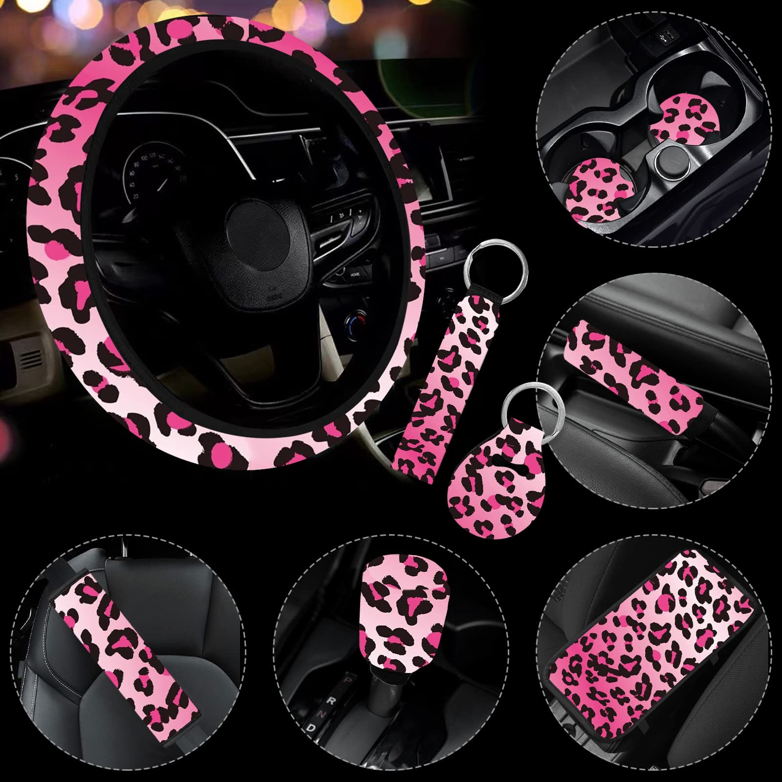 Photo 1 of 10 Pieces Leopard Print Printing Car Steering Wheel Cover Center Console Armrest Pad Headrest Seat Belt Cover Handbrake Cover Keychain Coaster Full Set Car SUV(Pink)