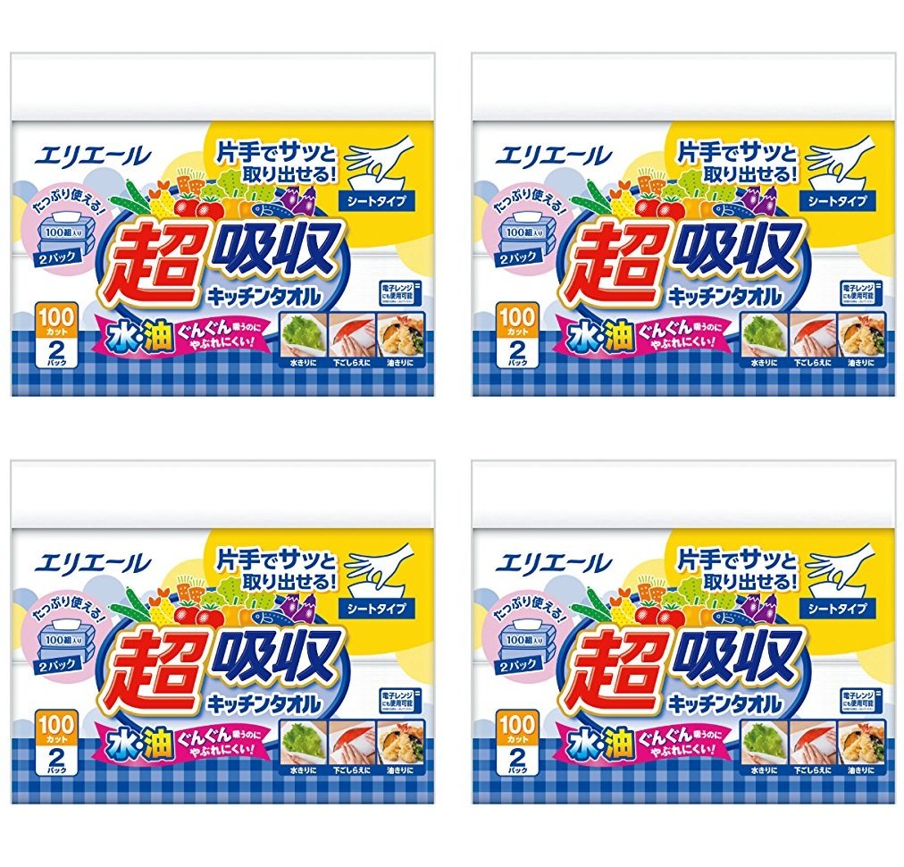 【まとめ買い】エリエール 超吸収 キッチンタオル シートタイプ 100組200枚(23×21cm)×2個入り パルプ100%×4個商品画像