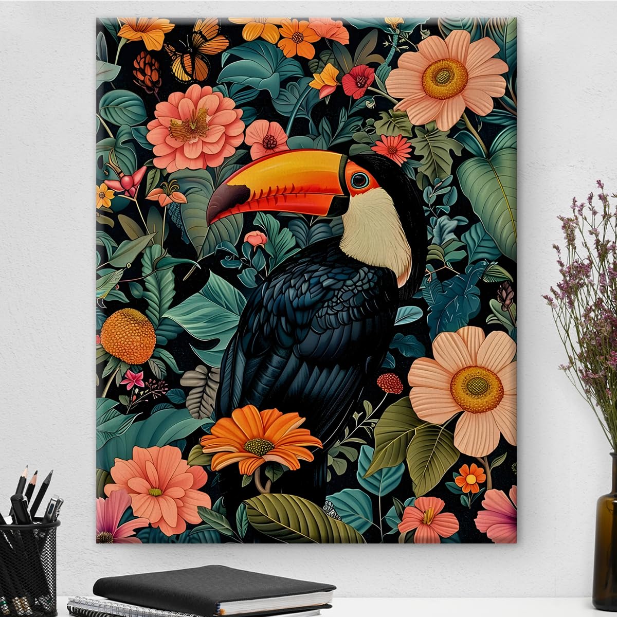 Photo 1 of Floral Toucan Vintage Canvas Wall Art Toucan Colorful Flowers Print Picture Aesthetic Bird Artwork Painting for Home Farmhouse Living Room Wall Decor 8x10 Inch