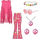kooirsp 60s 70s Outfits for Kids Girls 7 Pcs Hippie Costume Set Fringe Vest Peace Flared Pants Accessories Set for Halloween