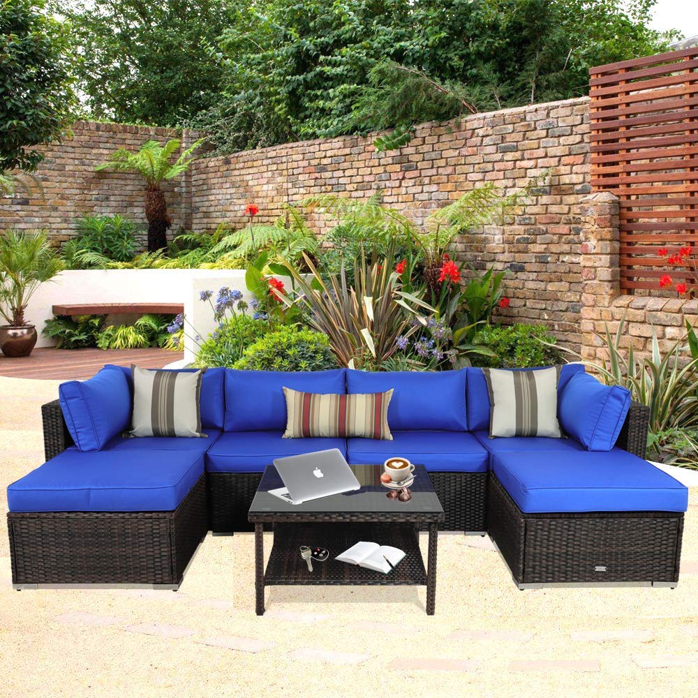 Outdoor Rattan Couch Wicker Sectional Conversation Sofa Set Lawn Garden Patio Furniture Set Brown Rattan Royal Blue Cushion Sofas Patio Lawn Garden