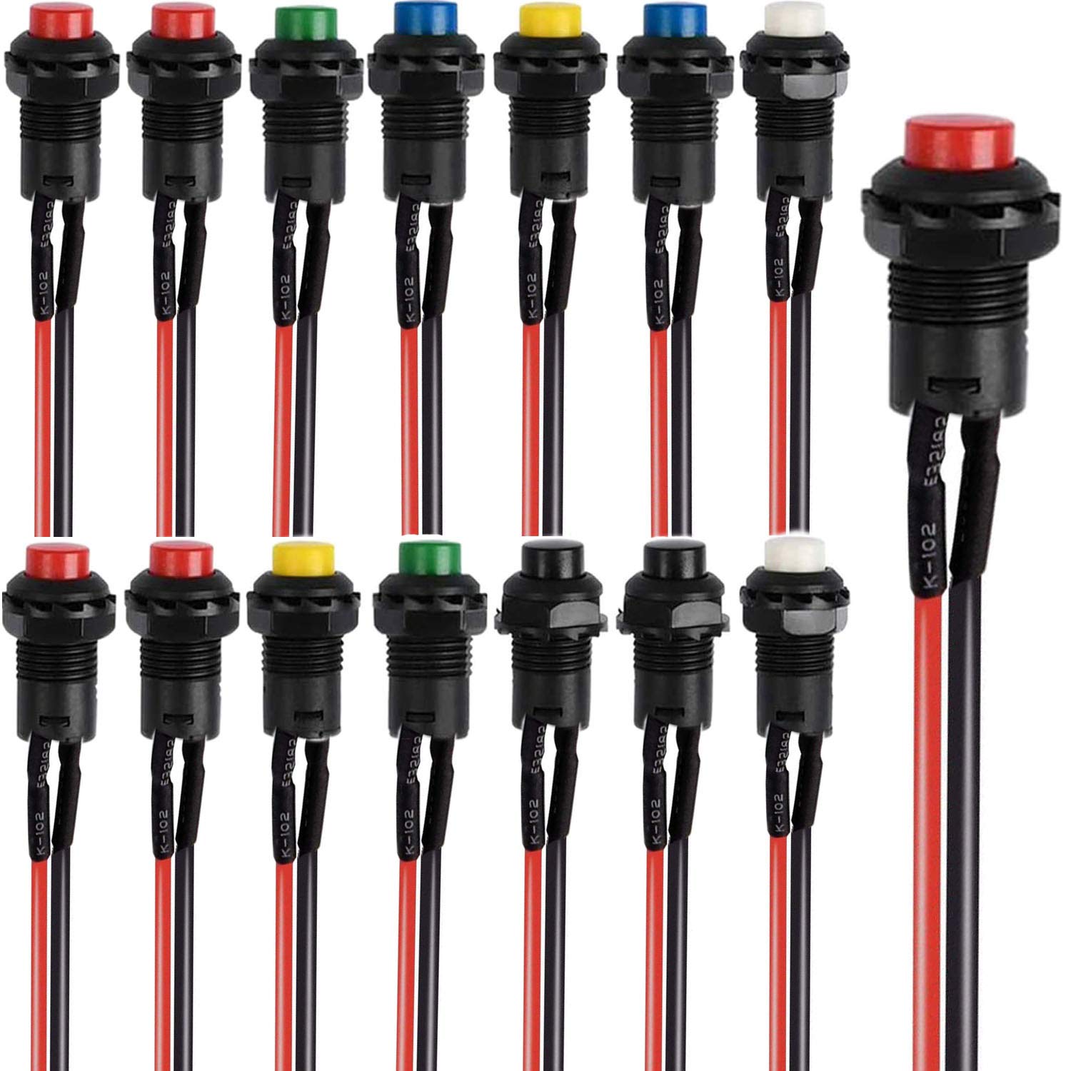 RUNCCI-YUN 14pcs 12mm Momentary Push Button Switch, SPST ON/Off, momentary Power Switch, Round Rocker Switch, for Car Trumpet, PC, Table Lamp, with Pre-soldered Wires
