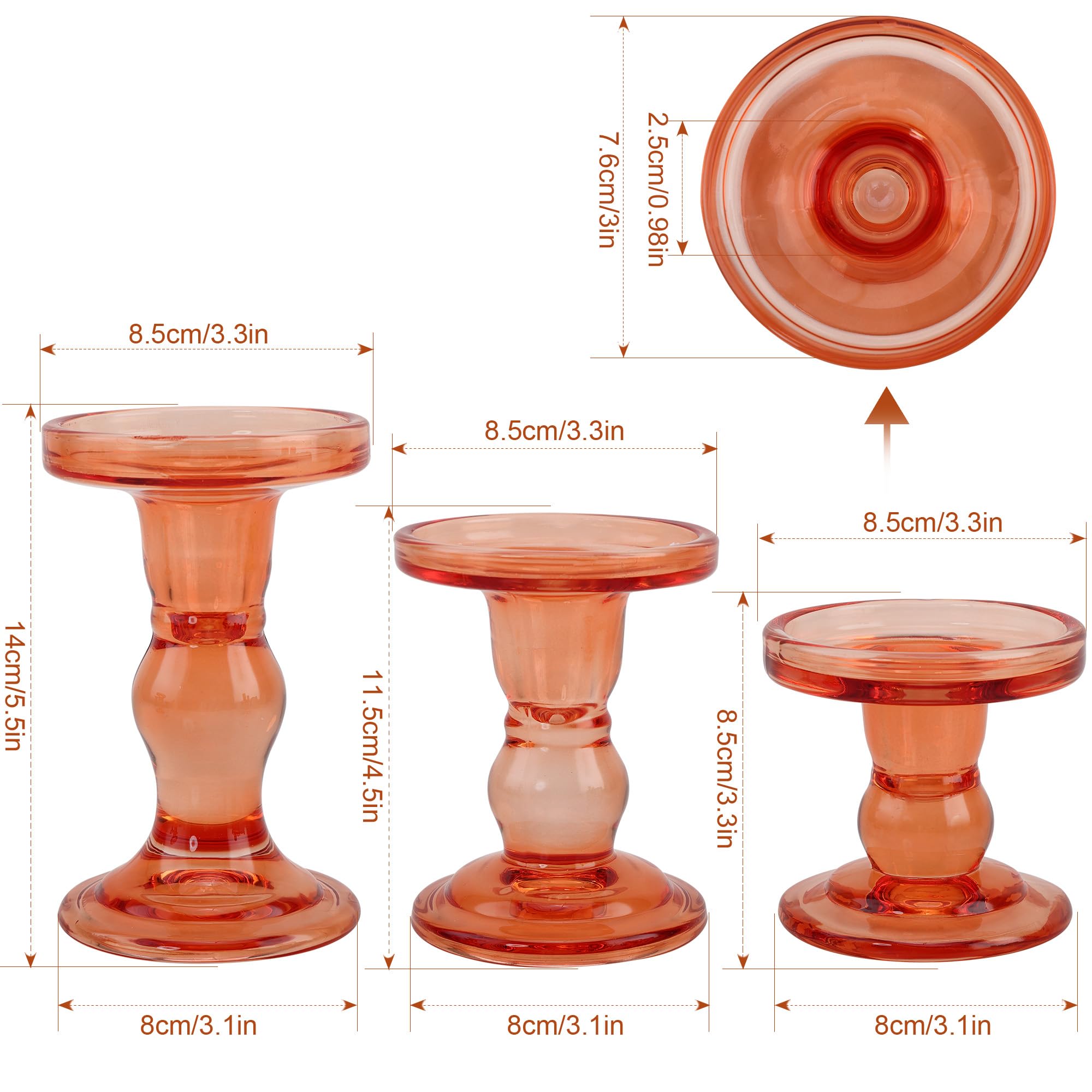 Orange Glass Candle Holder Set, QENUIITEA Set of 3 Clear Candlesticks Holders Pillar Taper Candles Tea Light Stand for Centerpieces Church Wedding Party Home Decor Dining Table