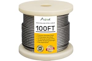 AGTEK Wire Rope 1/8 Inch Stainless Steel Aircraft Cable for Decking Railings, 100 FT, 7x7 Strands Construction