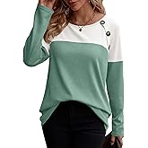 Zeagoo Women Waffle Knit Shirts Long Sleeve Colorblock Tee Button Detail Tunics