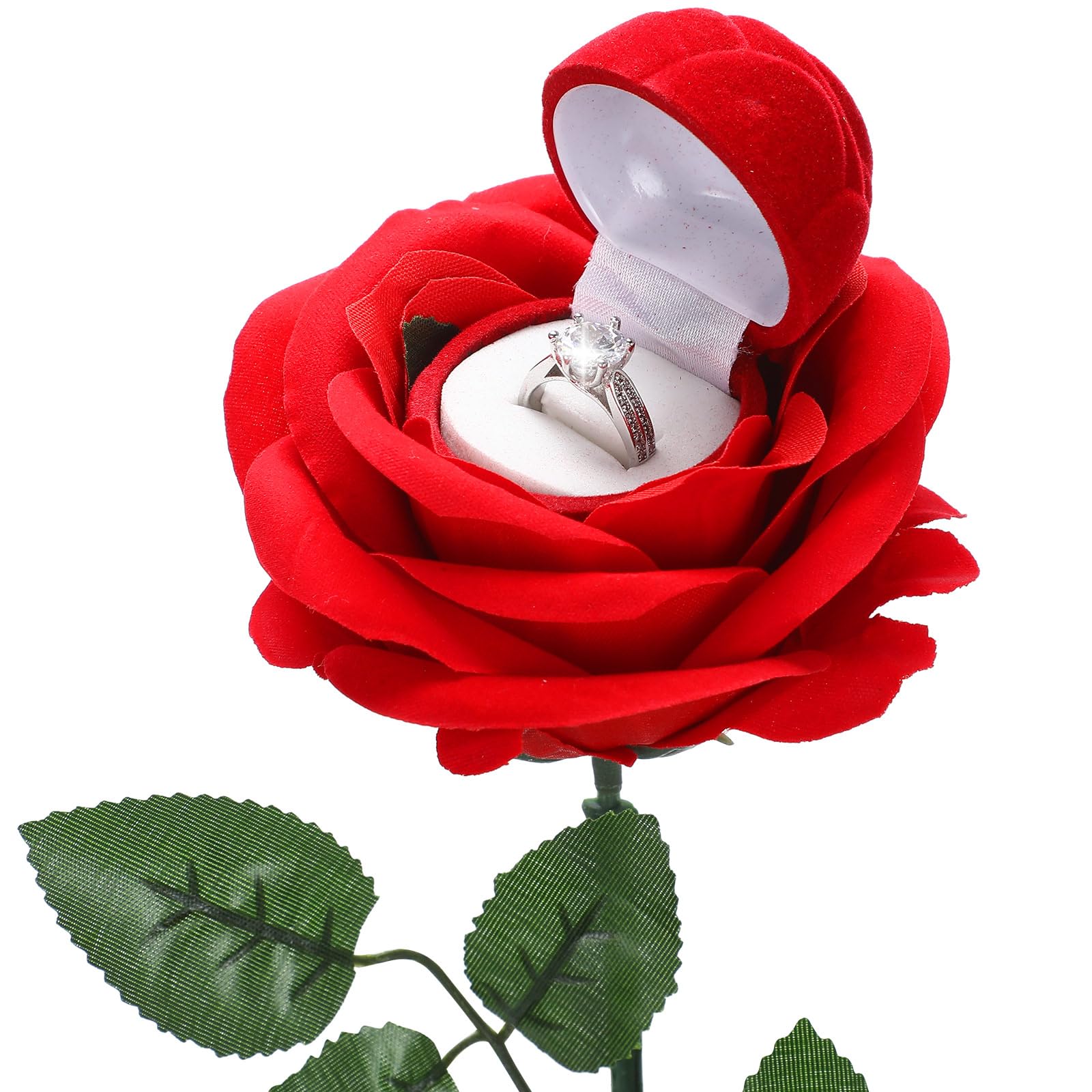 Photo 1 of CroBlissful Noble Red Rose Ring Box Jewelry Box Case Engagement Ring Box with Stem for Proposal(Classic Style)