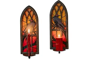 AimtoHome Gothic Wall Candle Sconces Set of 2, Wrought Iron Crow Wall Mounted Candelabra Holder with Removable Trays for Taper & Pillar Candles, Medieval Cathedral Window Design, Dark Academia Decor