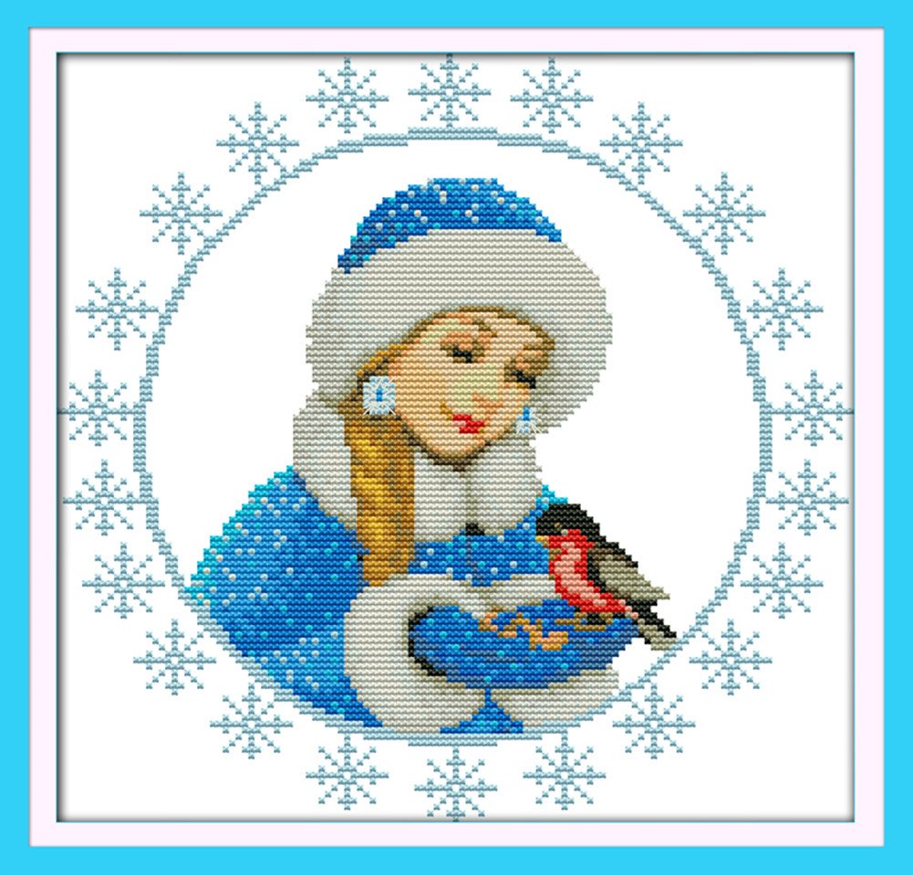 CaptainCrafts Cross Stitch Kits for Adults Girl Counted Cross Stitch Unpreprinted Fabric Cross Stitch DMC DIY Art Embroidery Kits (Unpreprinted 14CT, Winter Beautiful Girl)
