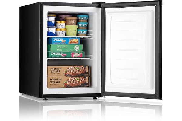 DOGHLY 2.1 Cu Ft Upright Freezer, Small Compact Mini Freezer Upright for Home Office Apartment, Black Standing Freezer with 7-Level Adjustable Temperature Control, Reversible Door, Removable Shelf