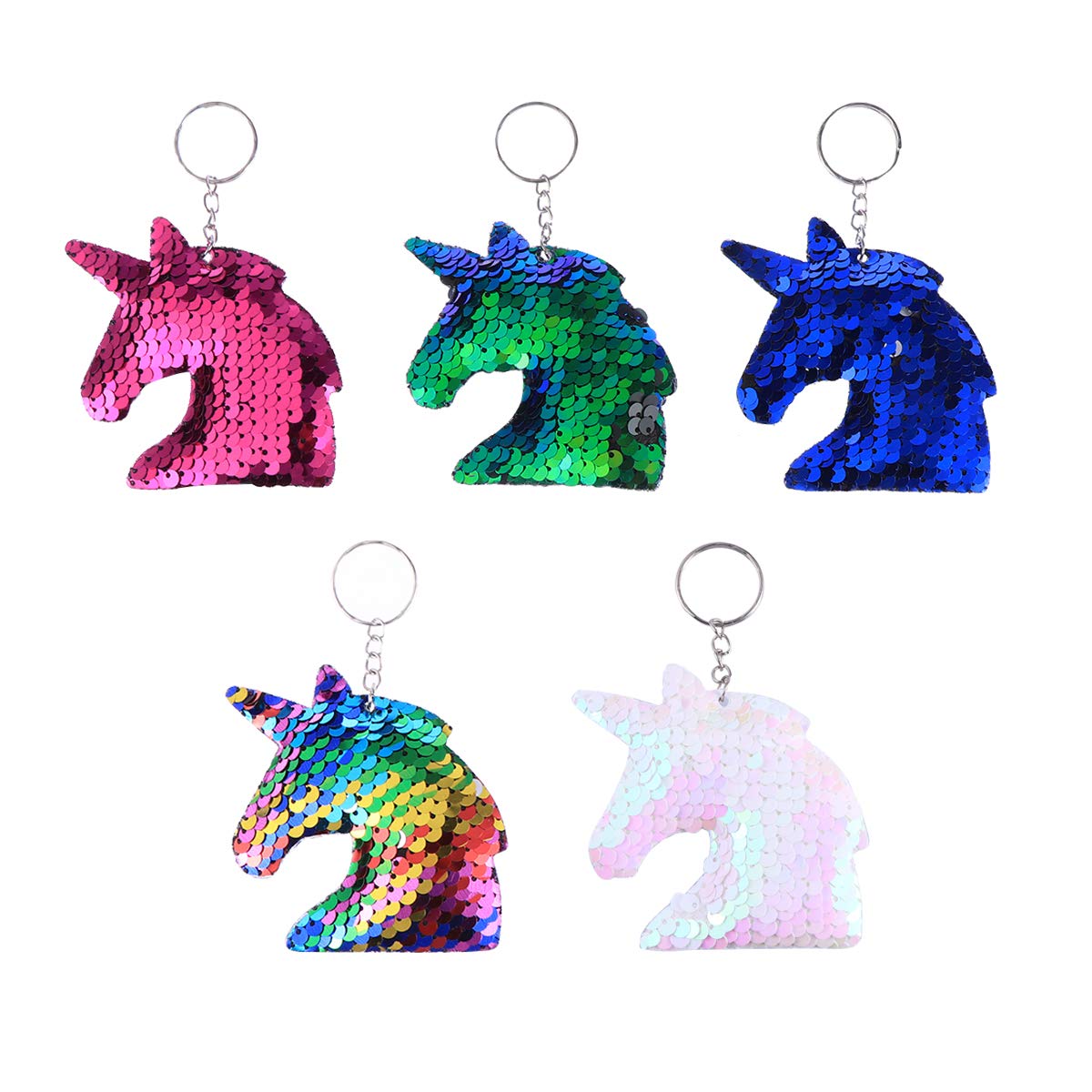 Toyvian Glitter Sequins Unicorn Keychain Keyring Colorful Key Chain Charm Key Holder (Colorful, Rosy, Green, Dark Blue and White) - 10pcs