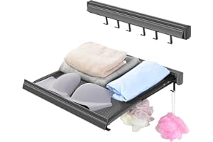 Laundry Drying Rack Wall Mounted, 17.3“ x 15.7” Retractable Drying Rack with 6 Removable Hooks, Foldable Indoor Use, Space Sa