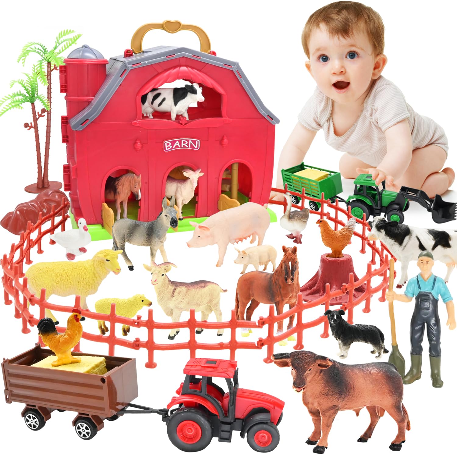 Photo 1 of BOLZRA Farm Animals Big Red Barn Toy for 1 2 3 4 5 Years Old Toddlers, Kids Farm Figures Fence Playset with Tractor, Preschool Montessori Learning Toys, Christmas Birthday Easter Gift for Boys Girls