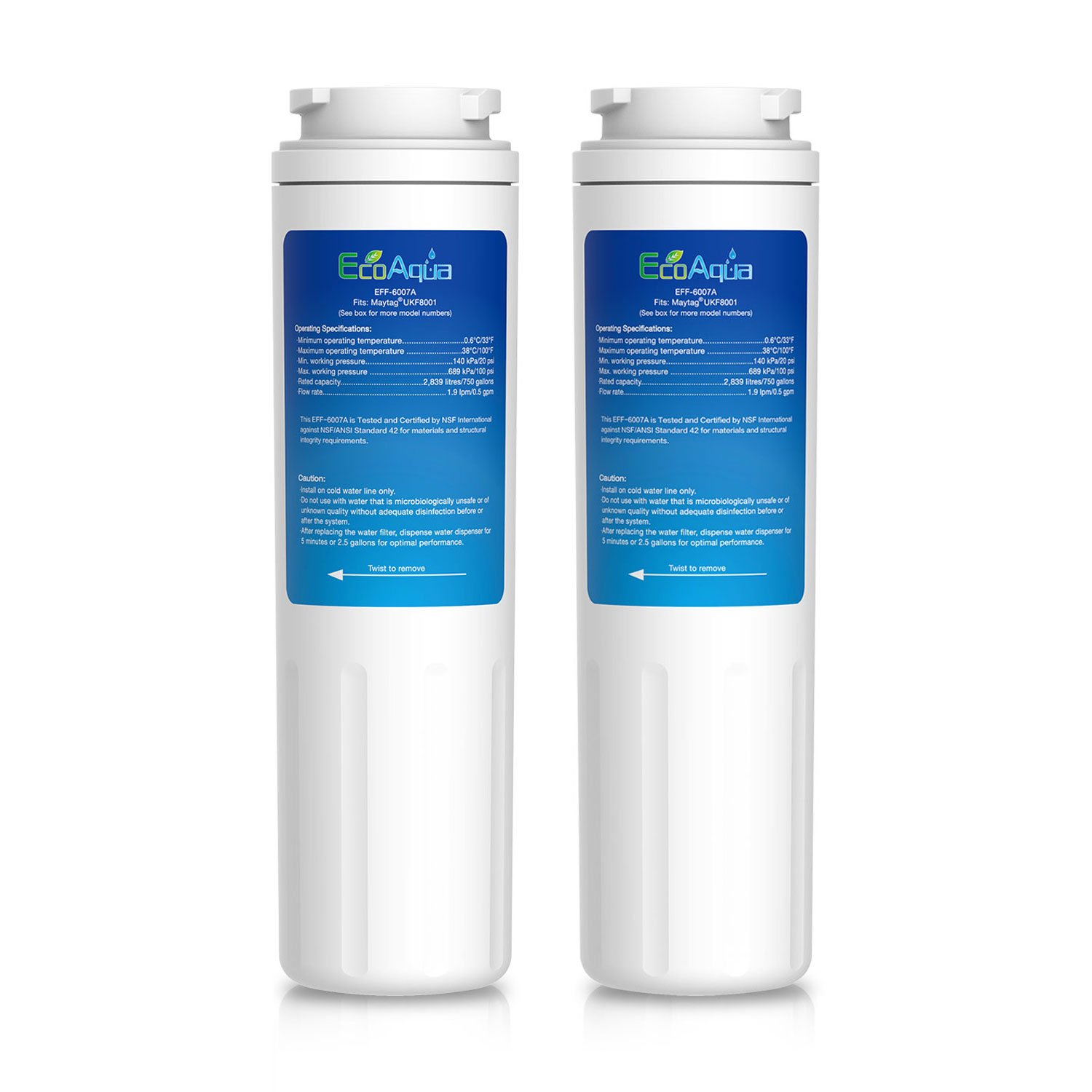 EcoAqua EFF-6007A Fridge Water Filter Compatible with Maytag UKF8001, UKF8001AXX, UKF8001P, WF50, WF51, WF50-NI300, EDR4RXD1, Whirlpool 4396395, Kenmore 9006, 46-9006, 4396548 (2)