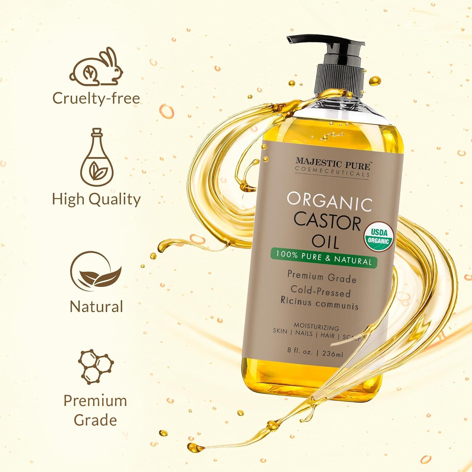 Majestic Pure USDA Organic Castor Oil - 100% Pure & Natural - Premium Grade, Cold Pressed, Hexane Free - Hair, Eyelashes, Eyebrows, Nails - Moisturizing & Nourishing - 8 Fl Oz