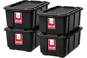 IRIS OHYAMA IRIS USA 4-Pack 27 Gallon Storage Bins with Lids |Made in USA| Heavy Duty Plastic Tote Containers for Truckbed Tool Box Organization, Large - Black