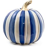MACKENZIE-CHILDS Resin Pumpkin, Medium, Blue-and-White Royal Stripe | Hand-painted design, decorative fall, Halloween, and Thanksgiving figurine, 10.5" dia. x 11" H