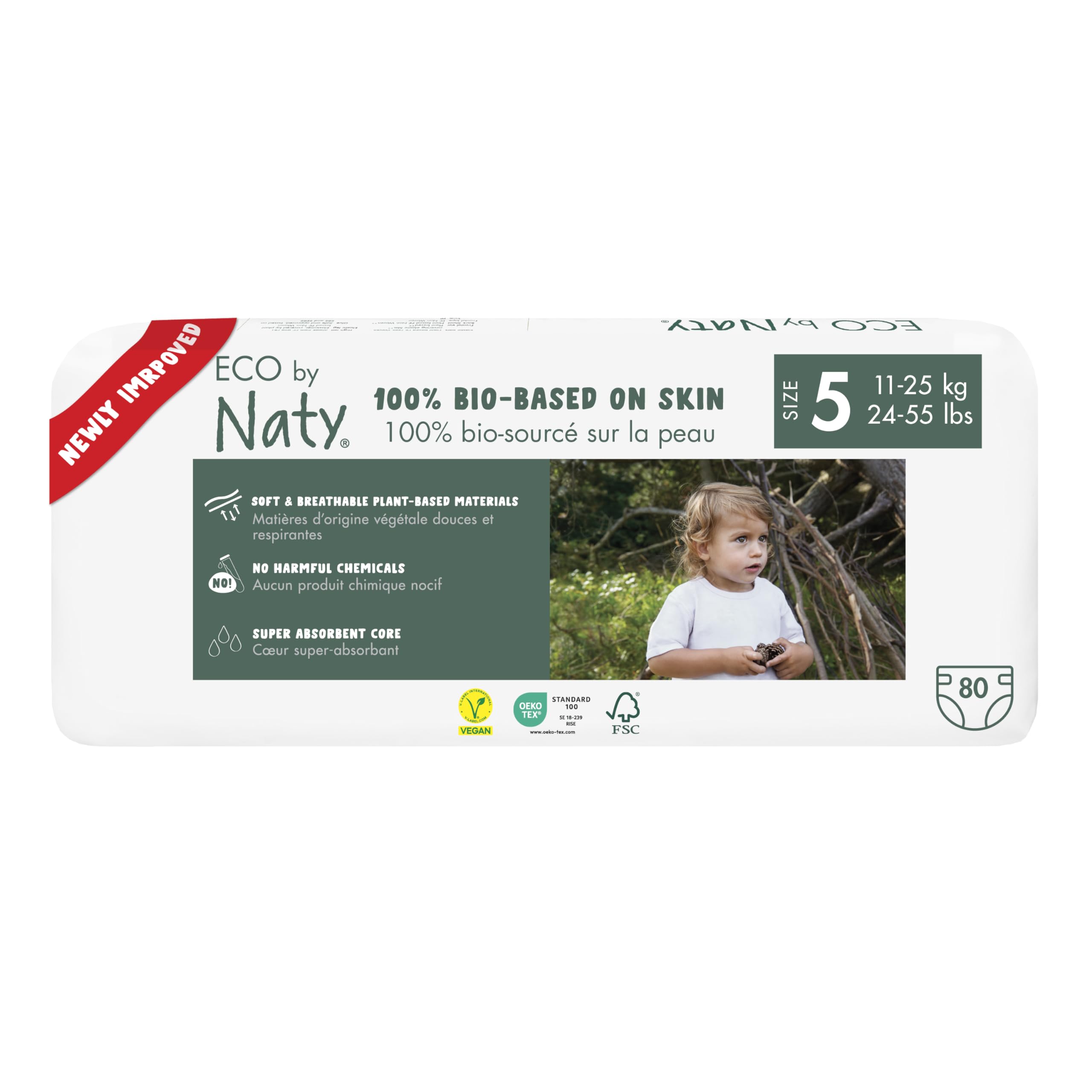 Naty Baby Nappies - 100% Plant-Based Materials on Skin, Soft, for Sensitive Skin & Super Absorbent (Size 5, 80 Count)