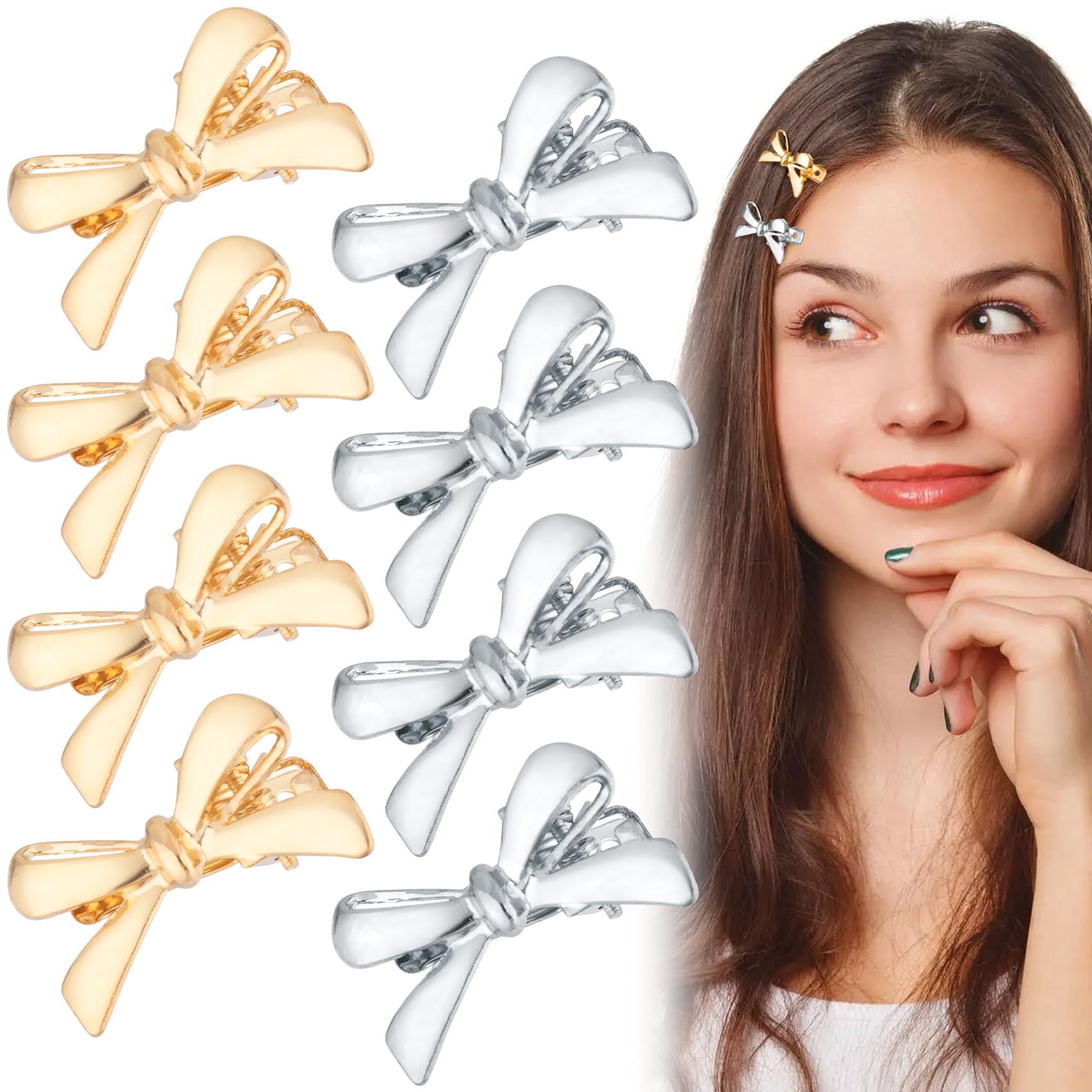 Photo 1 of Pndeyo 8pcs Bow Hair Clip for Women, Y2k Small Bow Hair Barrettes, Non-Slip Bowknot Hairpins Hair Accessories for Wedding Christamas Party Ceremony Banquet- Gold & Silver