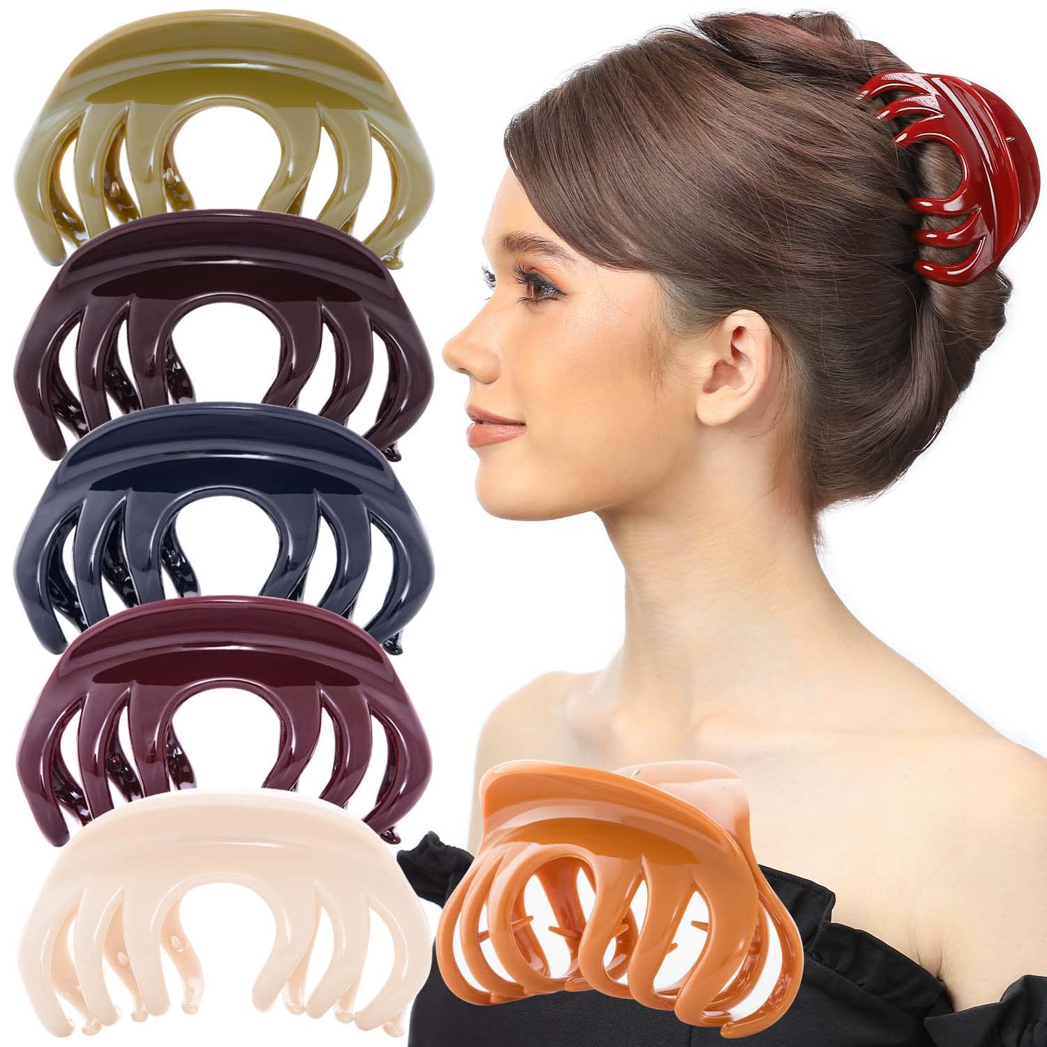 RC ROCHE ORNAMENT 6 Pcs Womens Elegant Premium Luxe Chic Styling Sectioning Super Strong Hold Non Slip Big Hair Pin Grips Claw Jaw Clamp Clips, Large Classic Multicolor