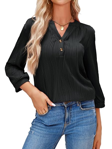 TANKANEO WOMENS 3/4 SLEEVE TUNIC TOPS LOOSE FIT DRESSY CASUAL V NECK TEXTURED SHIRTS BLACK, SMALL