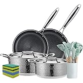 Vivicreate 20 Piece Stainless Steel Cooking Pot pots and Pan pans Cookware Set Non Toxic PFOA Free Non Stick Pots and Pans Hammered Design Induction Compatible Ollas de Acero Inoxidable