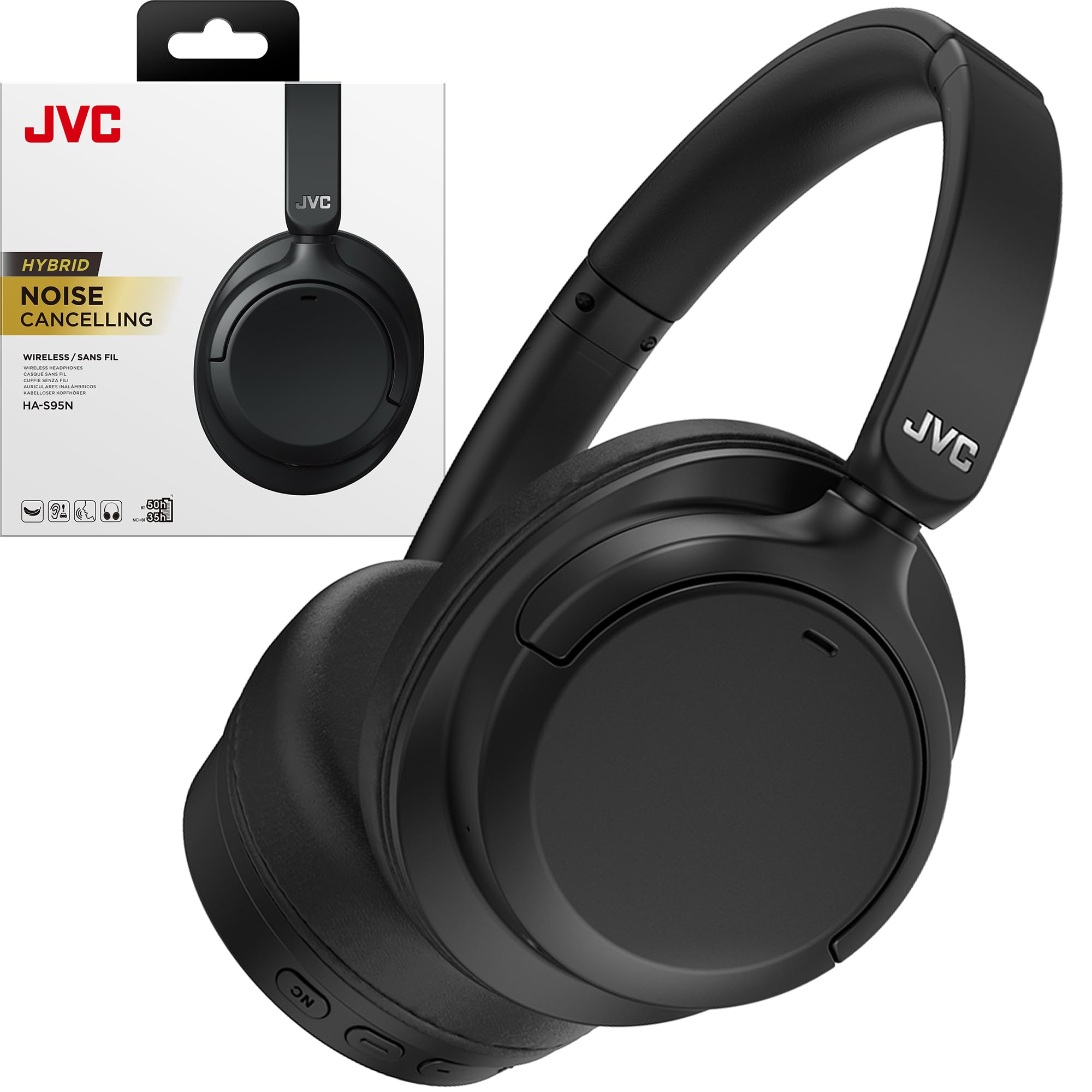 JVC Hybrid Noise Cancelling Wireless Headphones - Best Sound Blocking, Over Ear Design - Bluetooth 5.3 - Dual Mic - 50HR Battery - Detachable Cable - Voice Assistance - Long-Wear Comfort - HAS95N