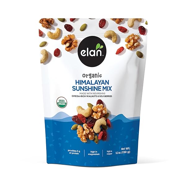 ELAN ORGANIC HIMALAYAN SUNSHINE MIX, 5.3 OZ, NON-GMO, VEGAN, GLUTEN-FREE, KOSHER, DRIED FRUITS (DRIED CRANBERRIES, DRIED GOJI BERRIES), NUTS (CASHEWS, WALNUTS), PUMPKIN SEEDS