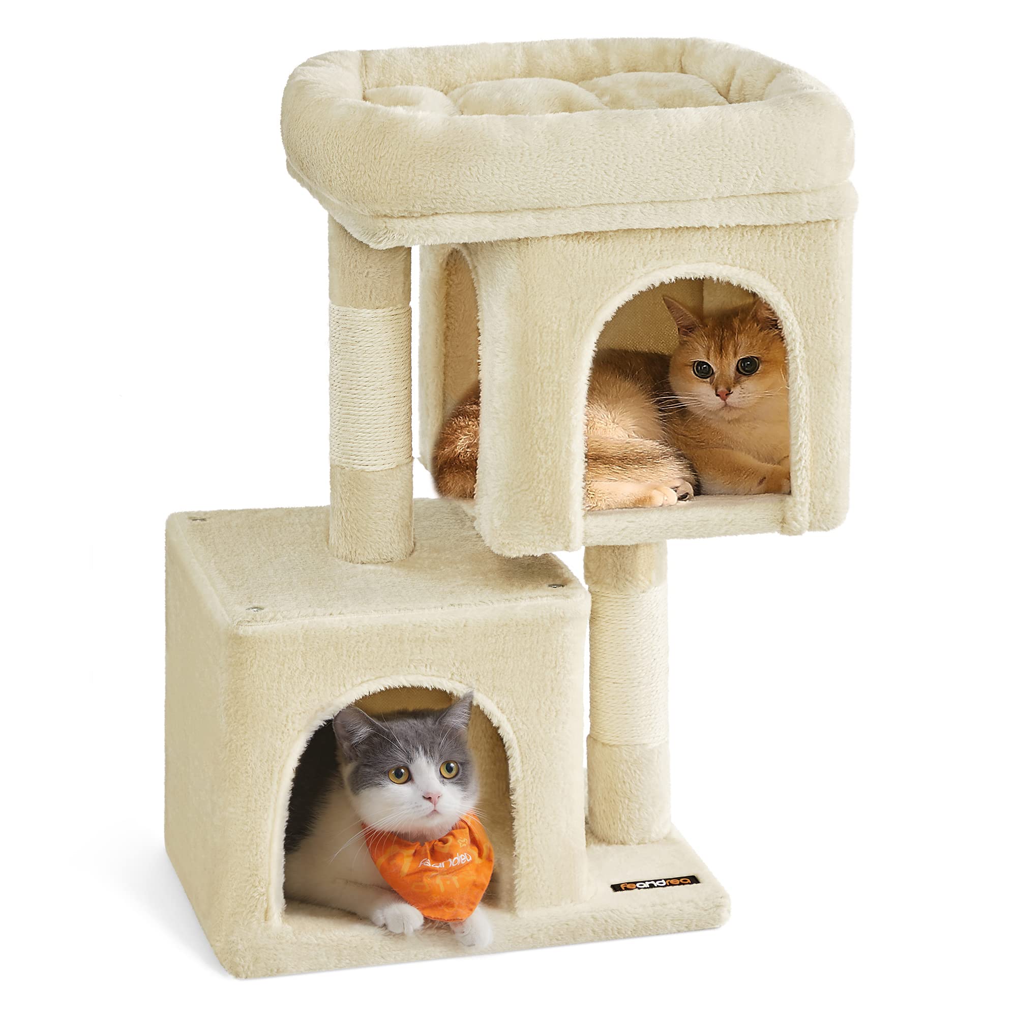 Feandrea Cat Tree, 26.4-Inch Cat Tower, Plush Condo for Kittens up to 7 lb, Large Perch, 2 Caves, Scratching Post, Beige UPCT611M01 Image