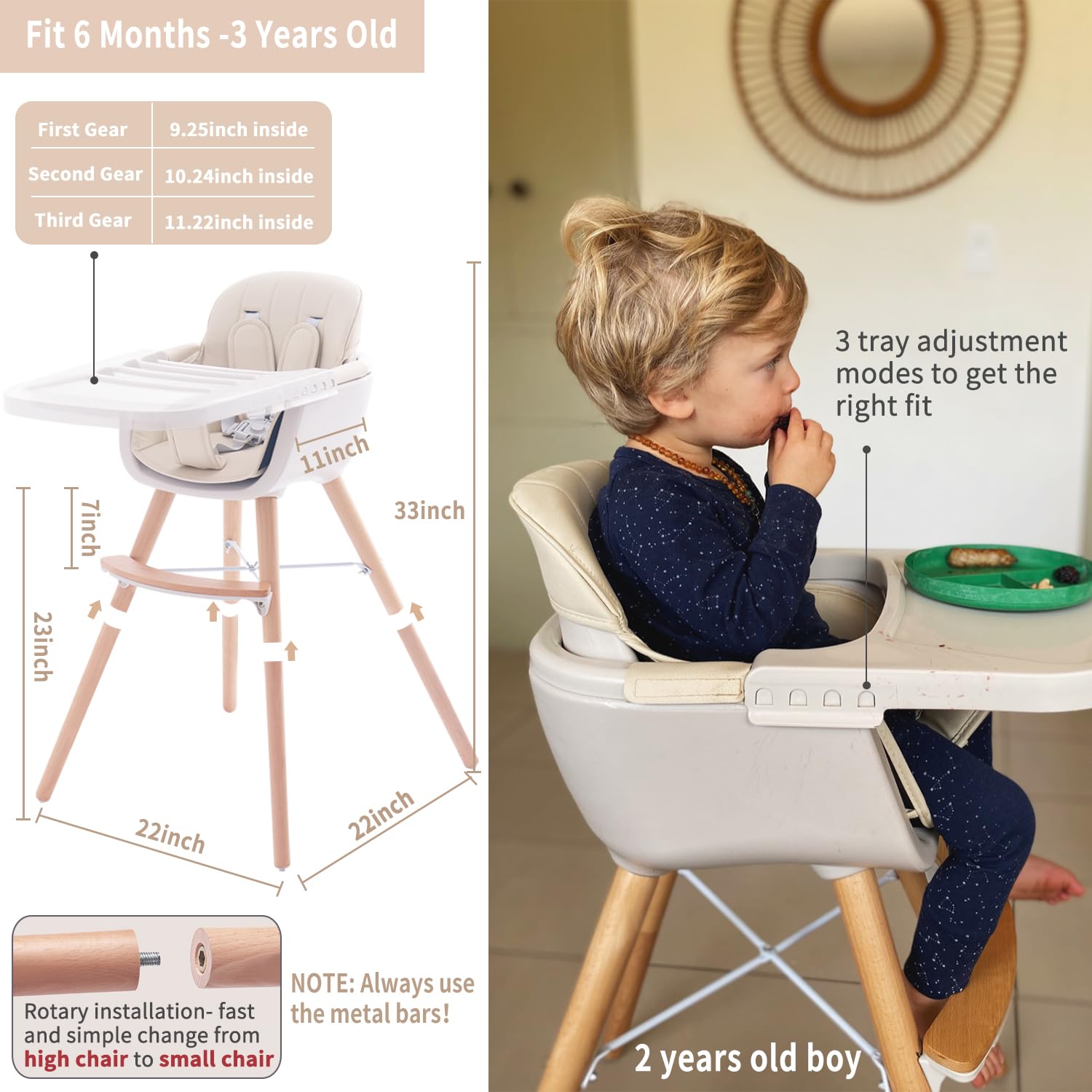 Mallify 3-in-1 Convertible Wooden High Chair, High Chairs for Babies and Toddlers, Baby High Chair with Adjustable Legs & Dishwasher Safe Tray, Made of Sleek Hardwood & Premium Leatherette, Beige