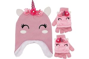 NEWFANCY Little Girls Winter Unicorn Beanie Hat and Gloves Set Kids Knitted Earflap Cap Flip Top Mitten Set