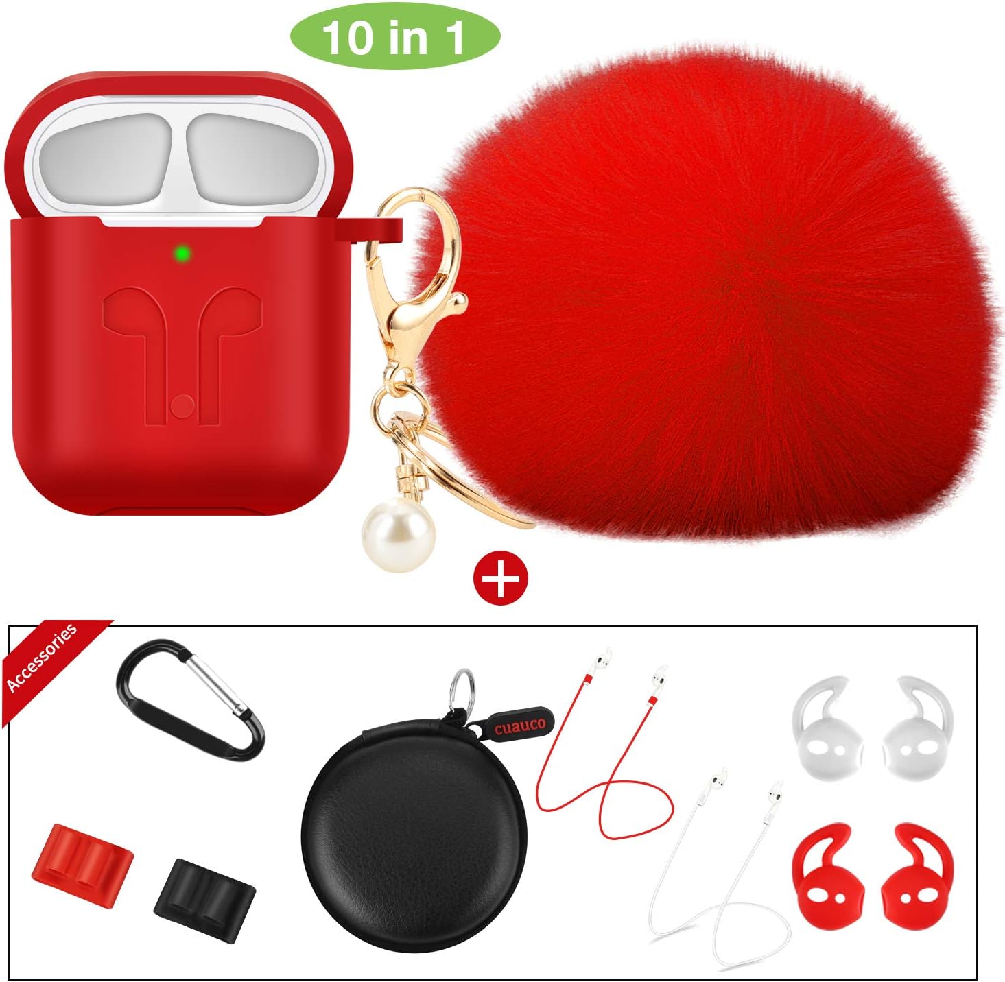 cuauco 2019 Newest Case Fur Ball Keychain for Airpods 2&1(Note:Our product Only Silicone Case.AirPods NOT INCLUDED)with 2 Strap/2 Pairs EarHook/1 Carabiner/2 Band Holder/1 Headphone Case(10 Pack)(Red)
