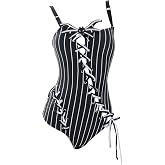 MEOWCOS Women's One Piece Swimsuits Gothic Black and White Striped Decoration Bathing Suit with Accessories