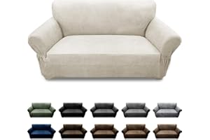 Pfrstuv Loveseat Sofa Slipcover Leather Look Couch Covers for 2 Seater Couch Sofa 1-Piece Sofa Cover Stretch Furniture Protector with Elastic Bottom & Pockets(Loveseat, Beige)