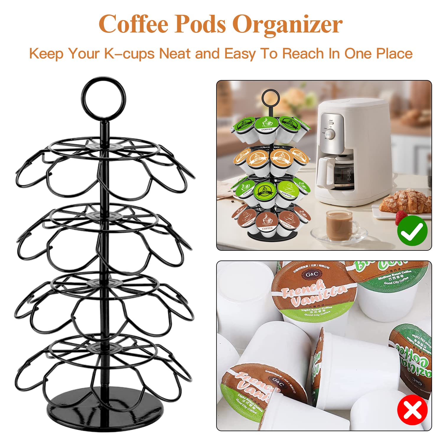 KIMIUP Coffee Pod Holder, K Cup Organizer Compatible with K-Cups(36 Pods), Kitchen Detachable Coffee Pod Organizer for Countertop, Spins 360-Degrees