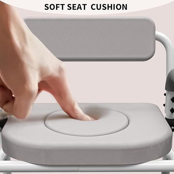 ADJUSTABLE MEDICAL BEDSIDE COMMODE CHAIR WITH PADDED BACKREST, DROP ARM SUPPORT, HEIGHT ADJUSTABLE GREY