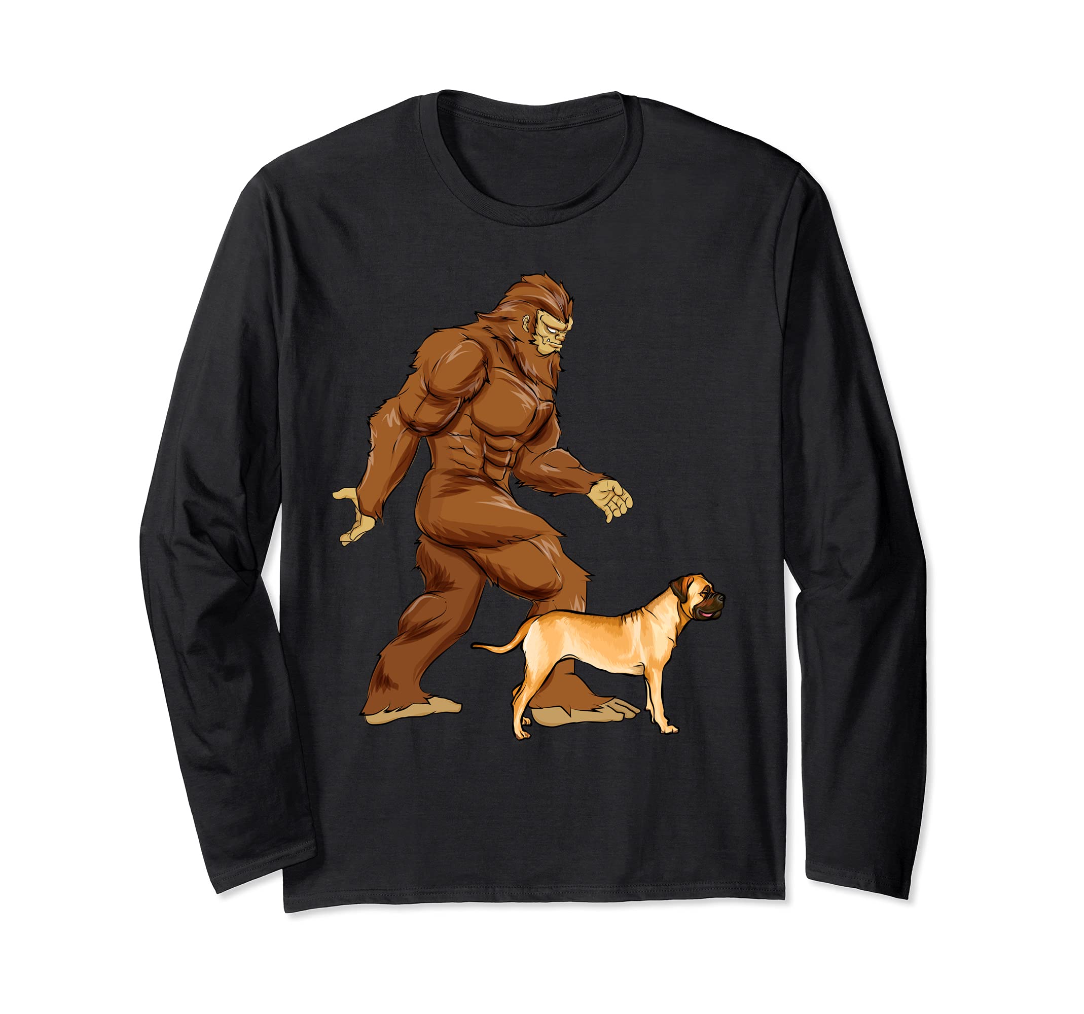 Funny Bigfoot Walking Bullmastiff Sasquatch Dog Long Sleeve T-Shirt
