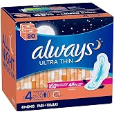 Always Always Ultra Thin Size 4 Overnight Pads with Wings Unscented 80 Ct.