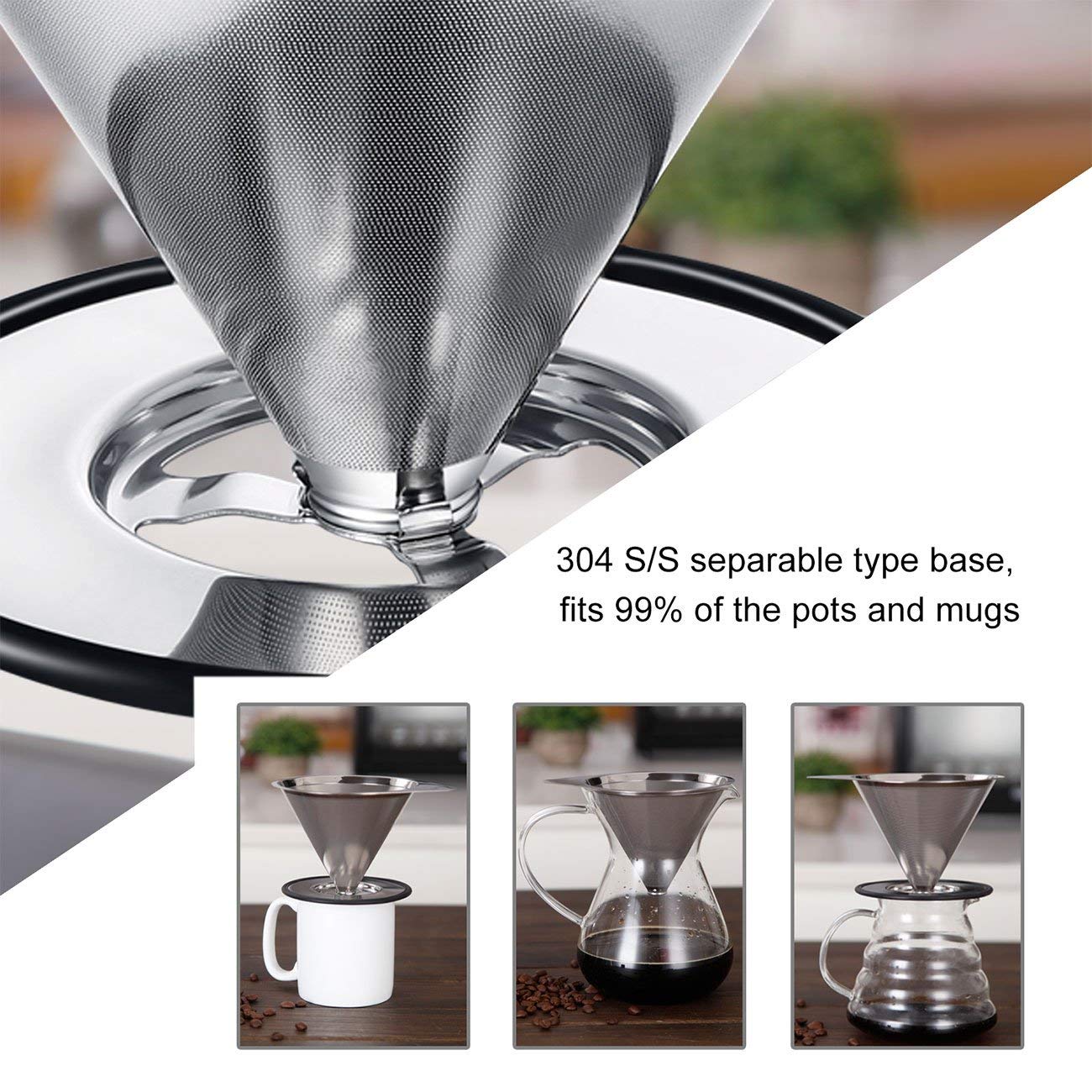 LHS Pour Over Coffee Dripper Stainless Steel Coffee Filter Metal Cone Filter Paperless Reusable Coffee Filter Single Cup Coffee Maker 1-2 Cup With Non-slip Cup Stand and Cleaning Brush