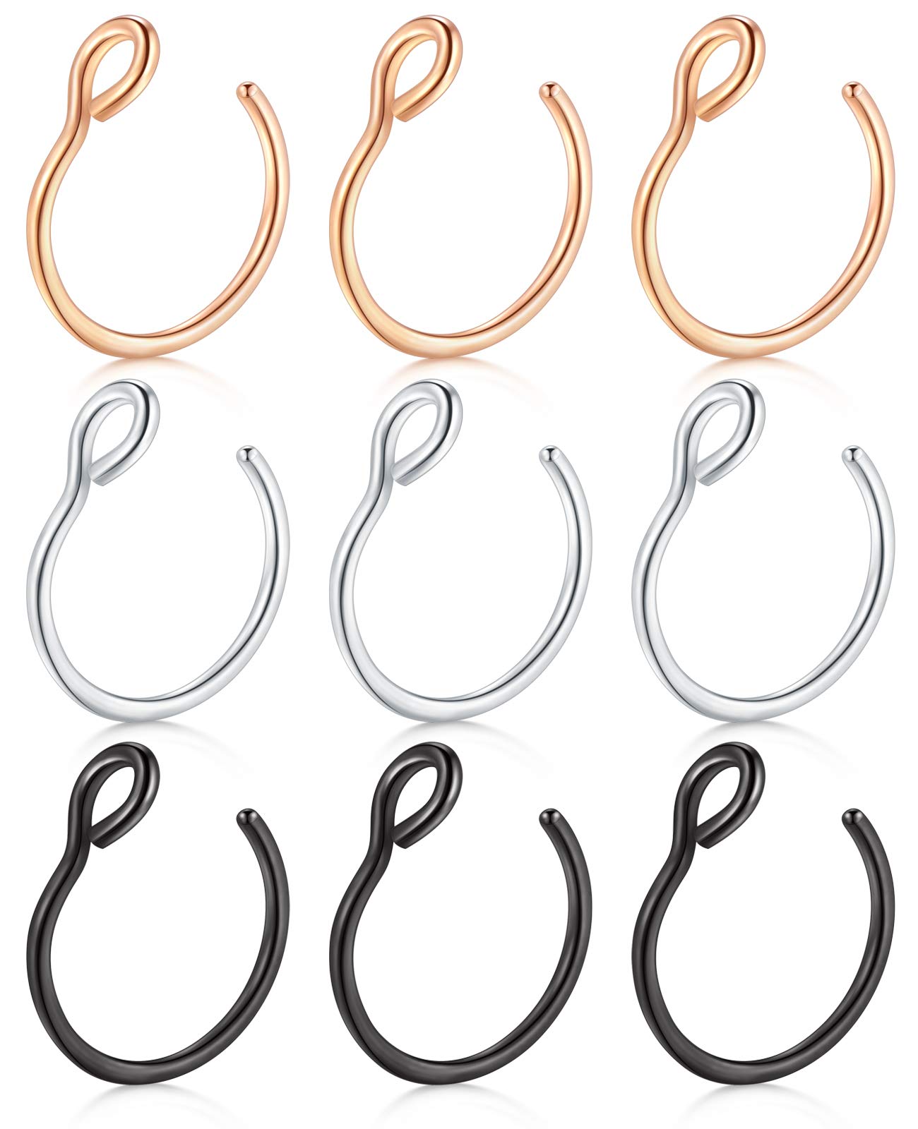 JFORYOU 9 Pieces 316L Steel Nose Ring Nose Hoop Fake Nose Ring Piercing Body Jewelry, 3 Colors,20 Gauge 8mm