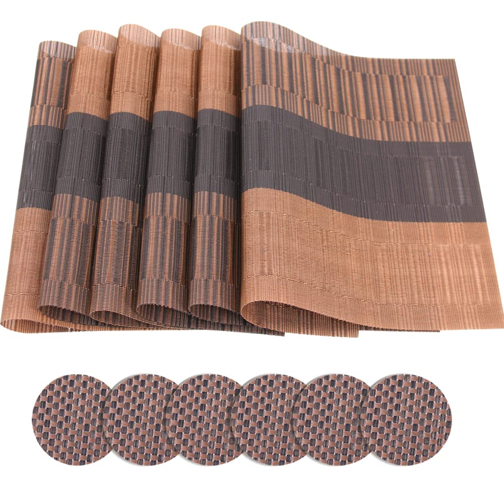 Time to Sparkle Set of 12 PCS Vinyl Woven 6pcs Placemats + 6pcs Coasters Place Mats Non slip Table Mats Waterproof Heat-resistant Dining Table Mats Decor (Brown Bamboo)
