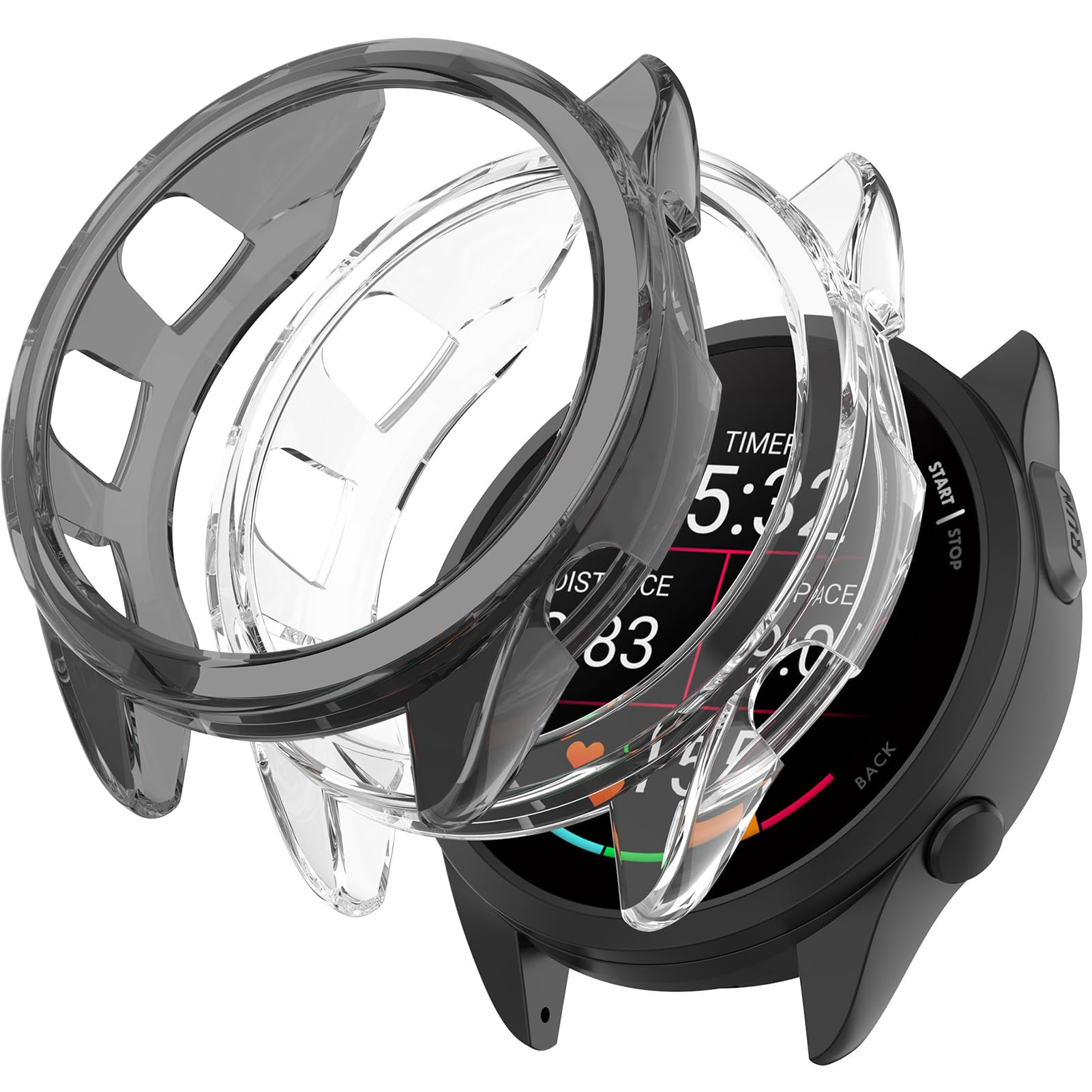 Miimall [2Pack] Case for Garmin Forerunner 165/Forerunner 165 Music Cover, Flexible TPU Transparent Case Without Screen Protector, Anti-Drop Shockproof Shell Protective Cover-Clear+Black
