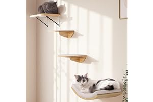 PELUOMOZ Cat Wall Shelves and Cats Window Perch – Natural Wood 4-Piece Set with Foam-Padded Curved Bed and Felt Steps, Space-Saving Wall Mounted Design