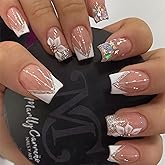 DZPGUONIZ 24pcs Short Square Press on Nails French Tip Fake Nails White Flower with Star Design Glitter False Nails Luxury Na