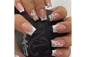 DZPGUONIZ 24pcs Short Square Press on Nails French Tip Fake Nails White Flower with Star Design Glitter False Nails Luxury Nail Charms Crafts White Stripes Glue on Nails for Women Manicure Tips