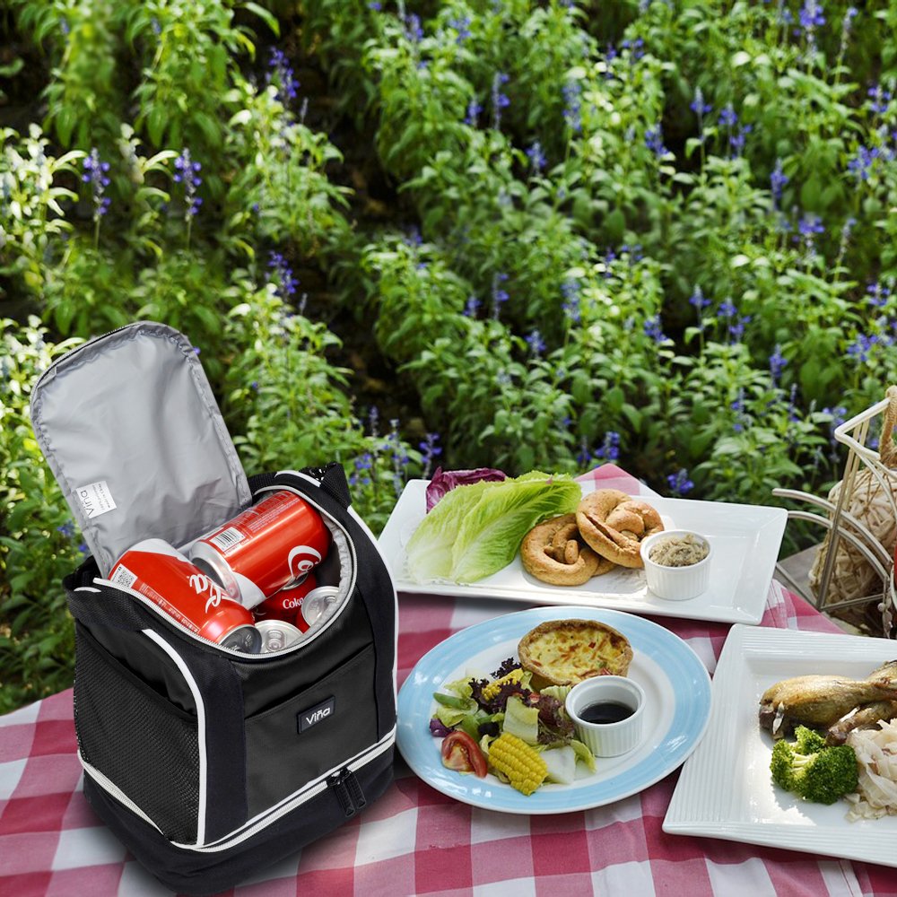 Vina Insulated Lunch Bag, Dual Compartment Reusable Bento Lunch Box Cooler Tote with Shoulder Strap for Adult and Kids, Black