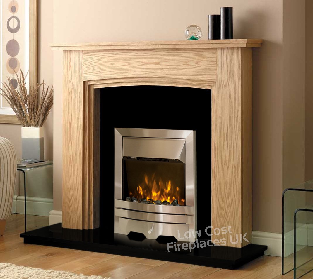 Electric Oak Wood Arched Curved Surround Black Silver Pebble Coal
