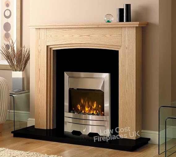 Electric Oak Wood Arched Curved Surround Black Silver Pebble Coal
